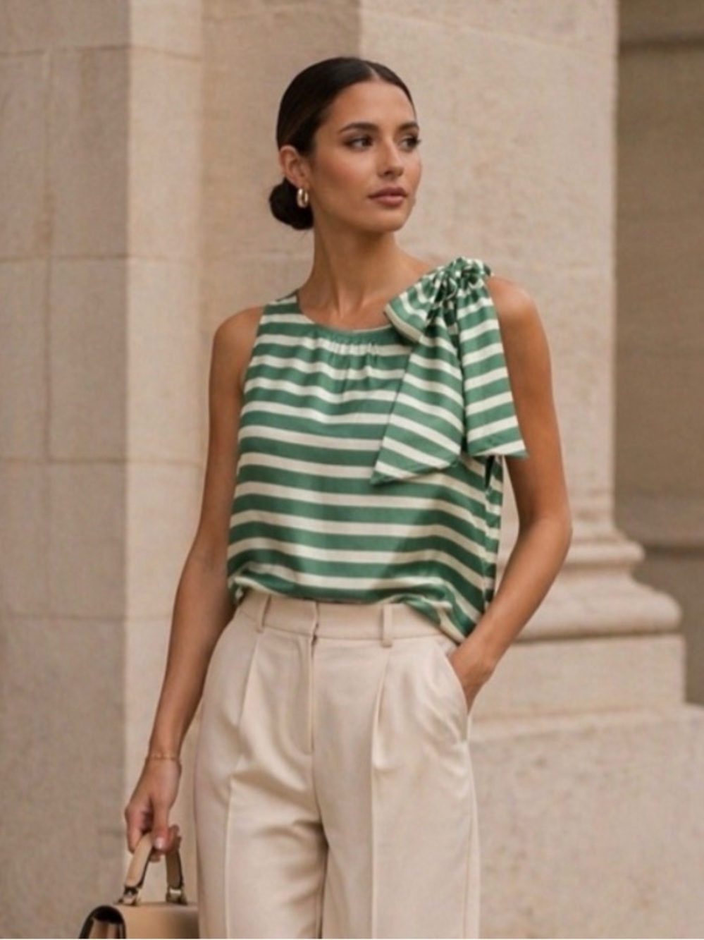 Green and White Striped Women's Top
